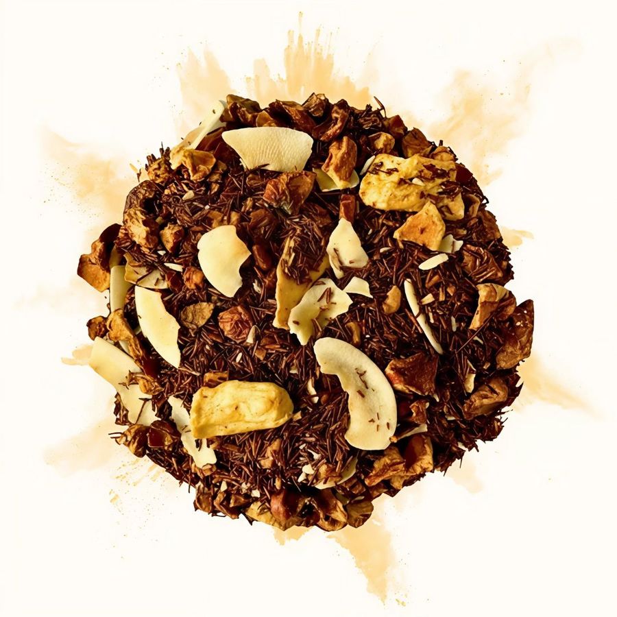Rooibos en vrac avec morceaux d'ananas et de coco séchés, vu de dessus