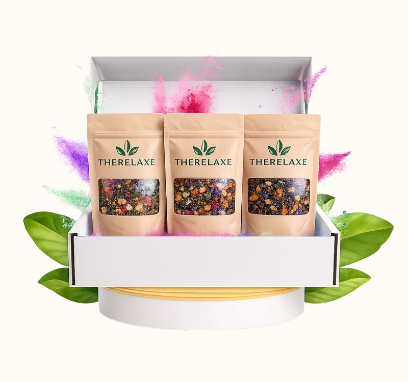 Coffret d'abonnement Thérelaxé ouvert avec trois sachets de thé en vrac, sur fond de poudres colorées et feuilles vertes