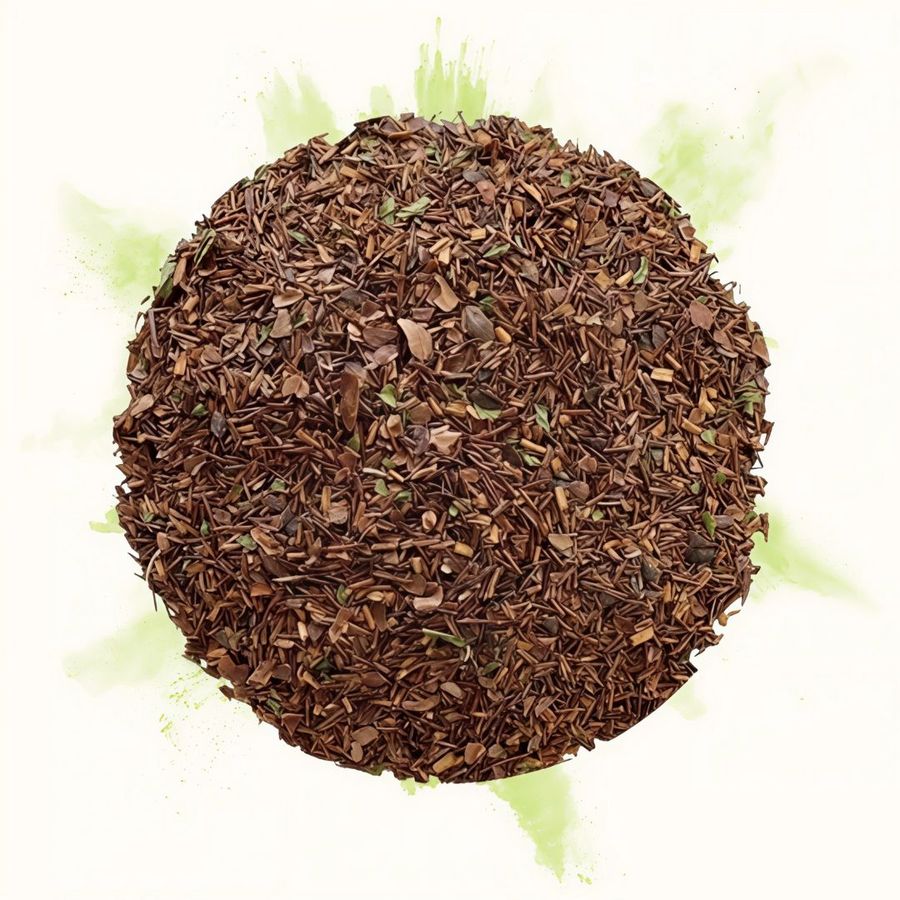 Rooibos en vrac avec feuilles de menthe et éclats de chocolat, vu de dessus