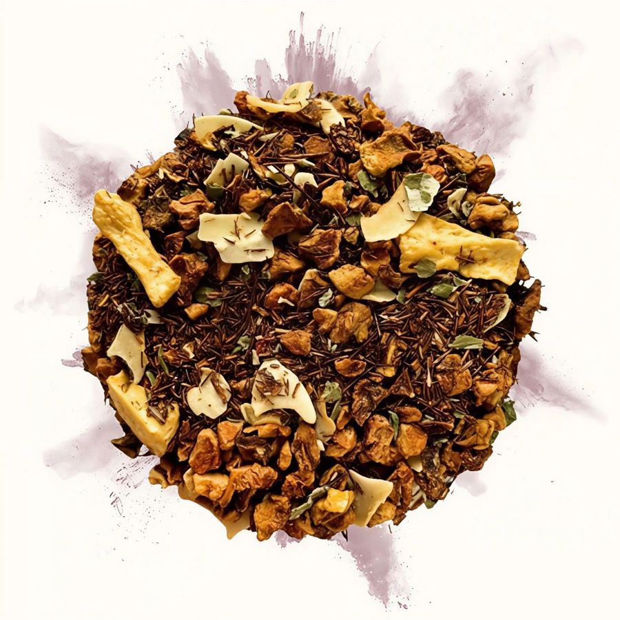 Rooibos en vrac avec morceaux de fraise séchée, coco et éclats de vanille, vu de dessus