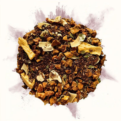 Rooibos en vrac avec morceaux de fraise séchée, coco et éclats de vanille, vu de dessus