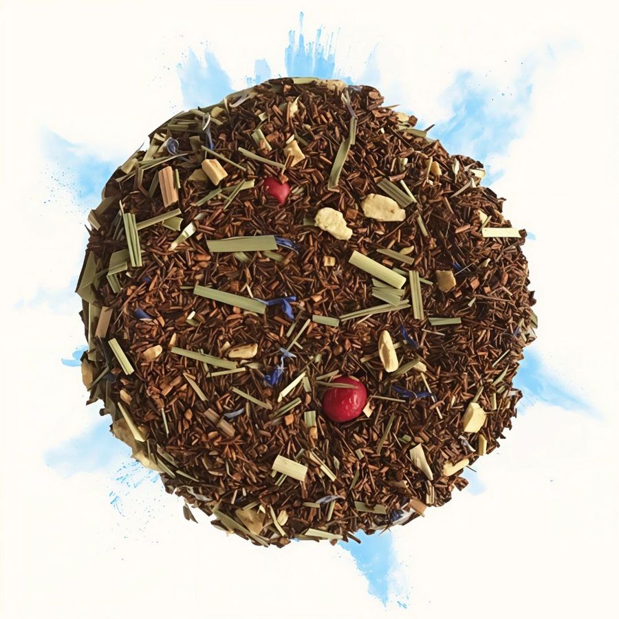 Infusion en vrac avec morceaux de canneberge et de gingembre séchés, vu de dessus