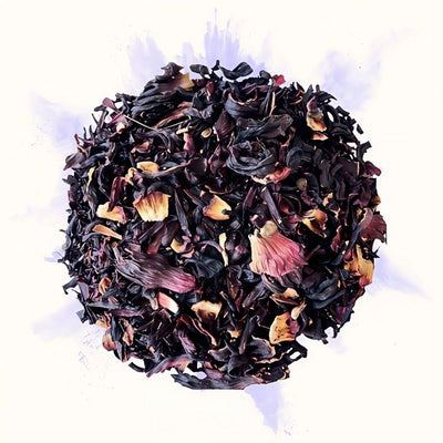 Infusion en vrac de fleurs d'hibiscus séchées, vu de dessus