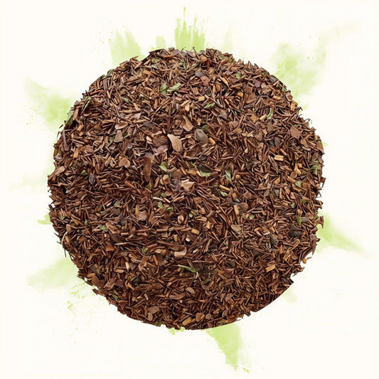 Rooibos en vrac avec feuilles de menthe et éclats de chocolat, vu de dessus