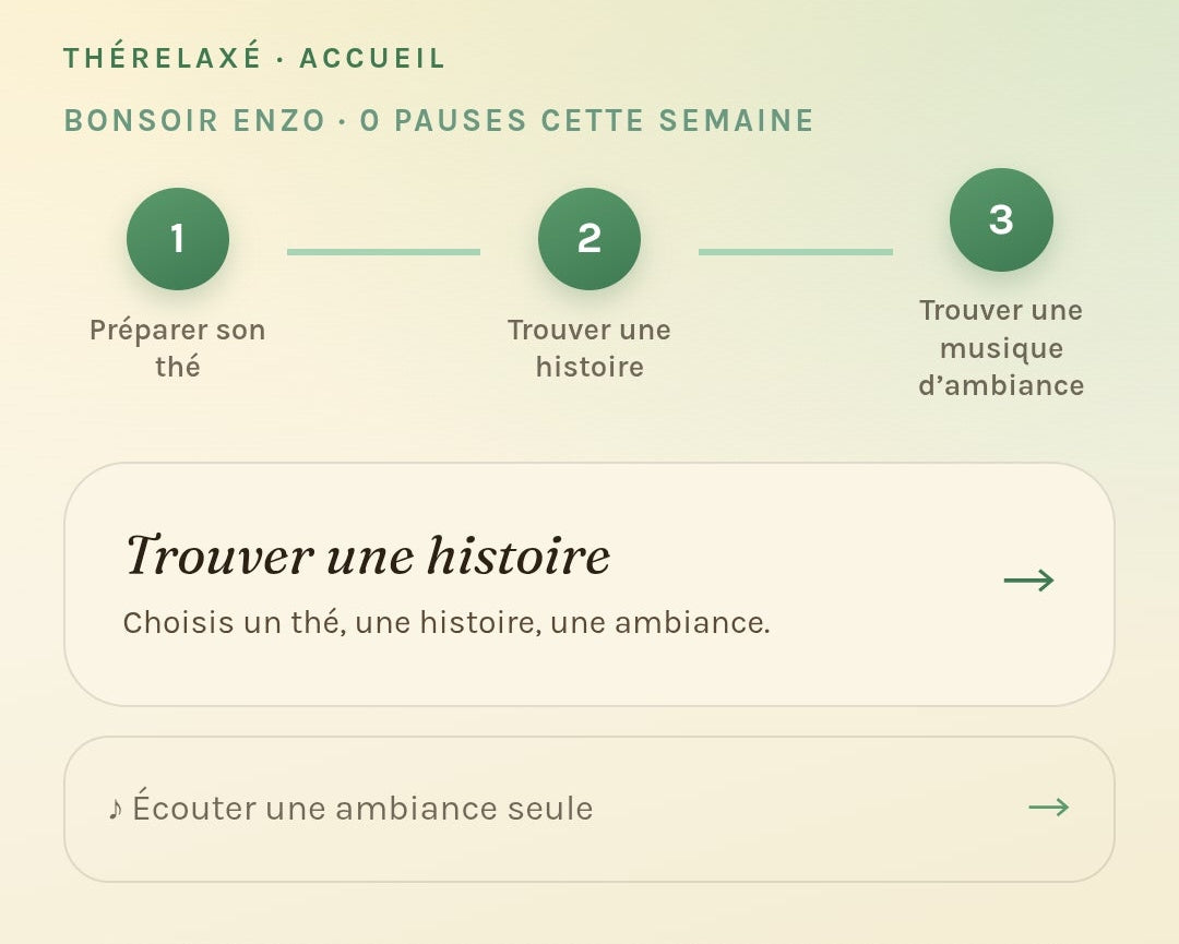 Ecran d'accueil de l'application Therelaxe avec le rituel du jour : the, histoire et musique d'ambiance